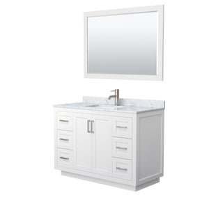 Miranda 48 Inch Single Bathroom Vanity in White White Carrara Marble Countertop Undermount Square Sink Brushed Nickel Trim 46 Inch Mirror