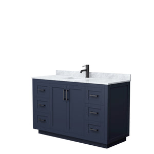Miranda 54 Inch Single Bathroom Vanity in Dark Blue White Carrara Marble Countertop Undermount Square Sink Matte Black Trim