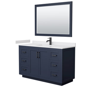 Miranda 54 Inch Single Bathroom Vanity in Dark Blue White Cultured Marble Countertop Undermount Square Sink Matte Black Trim 46 Inch Mirror