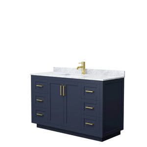 Miranda 54 Inch Single Bathroom Vanity in Dark Blue White Carrara Marble Countertop Undermount Square Sink Brushed Gold Trim