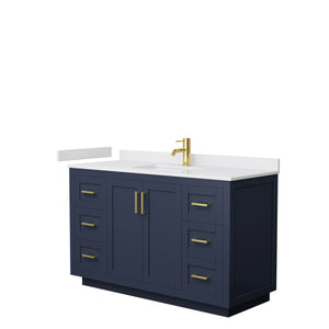 Miranda 54 Inch Single Bathroom Vanity in Dark Blue White Cultured Marble Countertop Undermount Square Sink Brushed Gold Trim