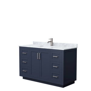 Miranda 54 Inch Single Bathroom Vanity in Dark Blue White Carrara Marble Countertop Undermount Square Sink Brushed Nickel Trim