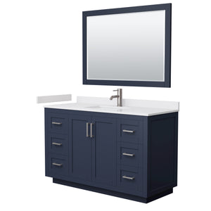 Miranda 54 Inch Single Bathroom Vanity in Dark Blue White Cultured Marble Countertop Undermount Square Sink Brushed Nickel Trim 46 Inch Mirror