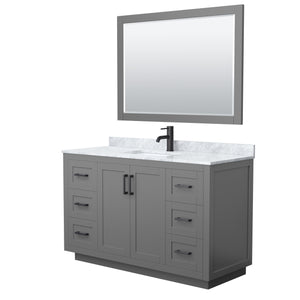 Miranda 54 Inch Single Bathroom Vanity in Dark Gray White Carrara Marble Countertop Undermount Square Sink Matte Black Trim 46 Inch Mirror