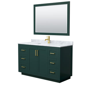 Miranda 54 Inch Single Bathroom Vanity in Green White Carrara Marble Countertop Undermount Square Sink Brushed Gold Trim 46 Inch Mirror