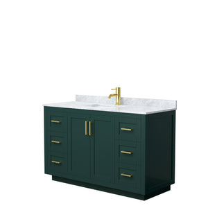 Miranda 54 Inch Single Bathroom Vanity in Green White Carrara Marble Countertop Undermount Square Sink Brushed Gold Trim