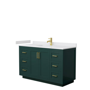 Miranda 54 Inch Single Bathroom Vanity in Green White Cultured Marble Countertop Undermount Square Sink Brushed Gold Trim