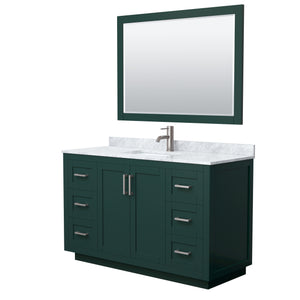 Miranda 54 Inch Single Bathroom Vanity in Green White Carrara Marble Countertop Undermount Square Sink Brushed Nickel Trim 46 Inch Mirror