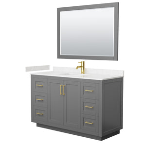 Miranda 54 Inch Single Bathroom Vanity in Dark Gray Carrara Cultured Marble Countertop Undermount Square Sink Brushed Gold Trim 46 Inch Mirror