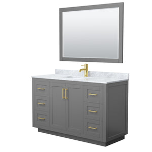 Miranda 54 Inch Single Bathroom Vanity in Dark Gray White Carrara Marble Countertop Undermount Square Sink Brushed Gold Trim 46 Inch Mirror