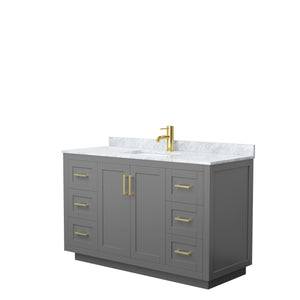 Miranda 54 Inch Single Bathroom Vanity in Dark Gray White Carrara Marble Countertop Undermount Square Sink Brushed Gold Trim