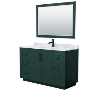 Miranda 54 Inch Single Bathroom Vanity in Green White Carrara Marble Countertop Undermount Square Sink Matte Black Trim 46 Inch Mirror