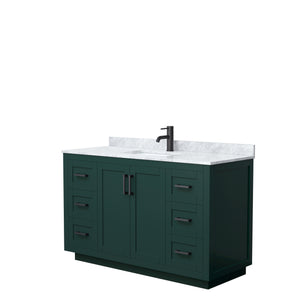 Miranda 54 Inch Single Bathroom Vanity in Green White Carrara Marble Countertop Undermount Square Sink Matte Black Trim
