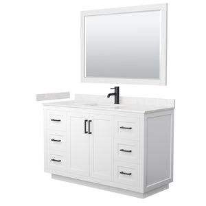 Miranda 54 Inch Single Bathroom Vanity in White Carrara Cultured Marble Countertop Undermount Square Sink Matte Black Trim 46 Inch Mirror
