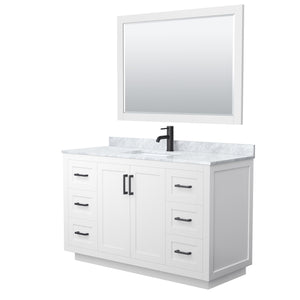 Miranda 54 Inch Single Bathroom Vanity in White White Carrara Marble Countertop Undermount Square Sink Matte Black Trim 46 Inch Mirror