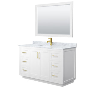 Miranda 54 Inch Single Bathroom Vanity in White White Carrara Marble Countertop Undermount Square Sink Brushed Gold Trim 46 Inch Mirror