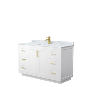 Miranda 54 Inch Single Bathroom Vanity in White White Carrara Marble Countertop Undermount Square Sink Brushed Gold Trim