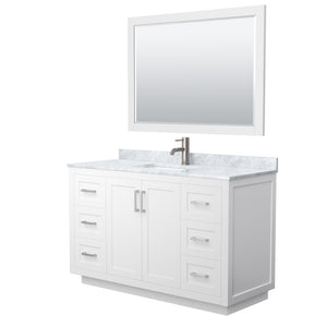 Miranda 54 Inch Single Bathroom Vanity in White White Carrara Marble Countertop Undermount Square Sink Brushed Nickel Trim 46 Inch Mirror