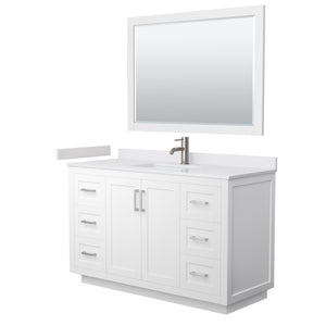 Miranda 54 Inch Single Bathroom Vanity in White White Cultured Marble Countertop Undermount Square Sink Brushed Nickel Trim 46 Inch Mirror