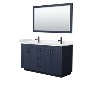 Miranda 60 Inch Double Bathroom Vanity in Dark Blue Carrara Cultured Marble Countertop Undermount Square Sinks Matte Black Trim 58 Inch Mirror