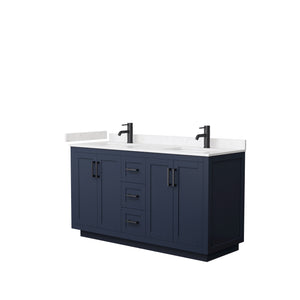 Miranda 60 Inch Double Bathroom Vanity in Dark Blue Carrara Cultured Marble Countertop Undermount Square Sinks Matte Black Trim