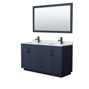 Miranda 60 Inch Double Bathroom Vanity in Dark Blue White Carrara Marble Countertop Undermount Square Sinks Matte Black Trim 58 Inch Mirror