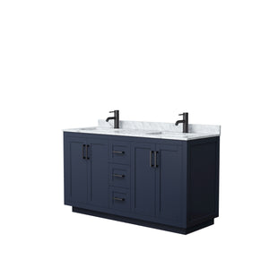 Miranda 60 Inch Double Bathroom Vanity in Dark Blue White Carrara Marble Countertop Undermount Square Sinks Matte Black Trim