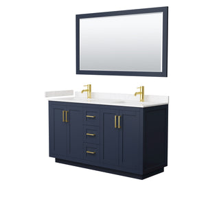 Miranda 60 Inch Double Bathroom Vanity in Dark Blue Carrara Cultured Marble Countertop Undermount Square Sinks Brushed Gold Trim 58 Inch Mirror