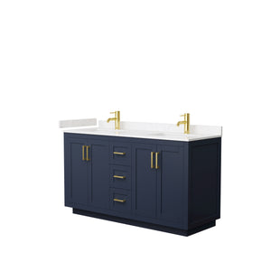 Miranda 60 Inch Double Bathroom Vanity in Dark Blue Carrara Cultured Marble Countertop Undermount Square Sinks Brushed Gold Trim