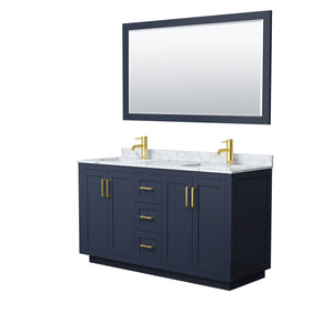 Miranda 60 Inch Double Bathroom Vanity in Dark Blue White Carrara Marble Countertop Undermount Square Sinks Brushed Gold Trim 58 Inch Mirror