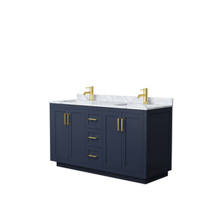 Miranda 60 Inch Double Bathroom Vanity in Dark Blue White Carrara Marble Countertop Undermount Square Sinks Brushed Gold Trim