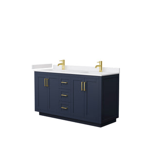 Miranda 60 Inch Double Bathroom Vanity in Dark Blue White Cultured Marble Countertop Undermount Square Sinks Brushed Gold Trim