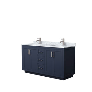 Miranda 60 Inch Double Bathroom Vanity in Dark Blue White Carrara Marble Countertop Undermount Square Sinks Brushed Nickel Trim
