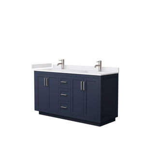 Miranda 60 Inch Double Bathroom Vanity in Dark Blue White Cultured Marble Countertop Undermount Square Sinks Brushed Nickel Trim