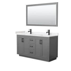 Miranda 60 Inch Double Bathroom Vanity in Dark Gray Carrara Cultured Marble Countertop Undermount Square Sinks Matte Black Trim 58 Inch Mirror