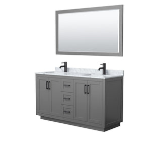 Miranda 60 Inch Double Bathroom Vanity in Dark Gray White Carrara Marble Countertop Undermount Square Sinks Matte Black Trim 58 Inch Mirror