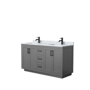 Miranda 60 Inch Double Bathroom Vanity in Dark Gray White Carrara Marble Countertop Undermount Square Sinks Matte Black Trim