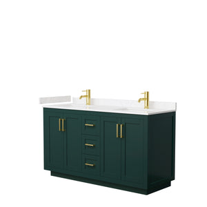 Miranda 60 Inch Double Bathroom Vanity in Green Carrara Cultured Marble Countertop Undermount Square Sinks Brushed Gold Trim