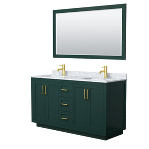 Miranda 60 Inch Double Bathroom Vanity in Green White Carrara Marble Countertop Undermount Square Sinks Brushed Gold Trim 58 Inch Mirror
