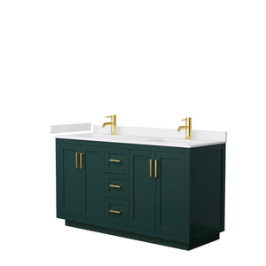 Miranda 60 Inch Double Bathroom Vanity in Green White Cultured Marble Countertop Undermount Square Sinks Brushed Gold Trim