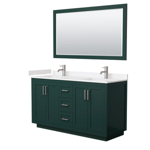 Miranda 60 Inch Double Bathroom Vanity in Green Carrara Cultured Marble Countertop Undermount Square Sinks Brushed Nickel Trim 58 Inch Mirror