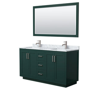 Miranda 60 Inch Double Bathroom Vanity in Green White Carrara Marble Countertop Undermount Square Sinks Brushed Nickel Trim 58 Inch Mirror