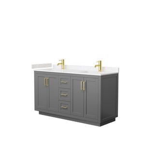Miranda 60 Inch Double Bathroom Vanity in Dark Gray Carrara Cultured Marble Countertop Undermount Square Sinks Brushed Gold Trim