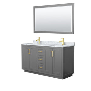 Miranda 60 Inch Double Bathroom Vanity in Dark Gray White Carrara Marble Countertop Undermount Square Sinks Brushed Gold Trim 58 Inch Mirror