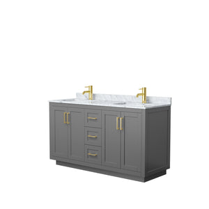 Miranda 60 Inch Double Bathroom Vanity in Dark Gray White Carrara Marble Countertop Undermount Square Sinks Brushed Gold Trim