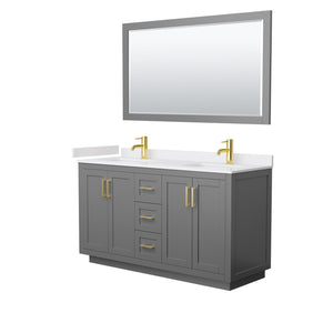 Miranda 60 Inch Double Bathroom Vanity in Dark Gray White Cultured Marble Countertop Undermount Square Sinks Brushed Gold Trim 58 Inch Mirror