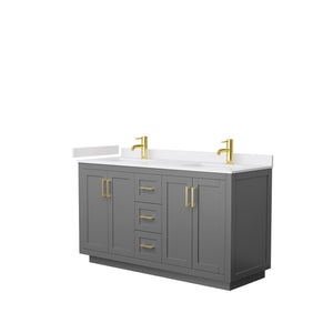 Miranda 60 Inch Double Bathroom Vanity in Dark Gray White Cultured Marble Countertop Undermount Square Sinks Brushed Gold Trim