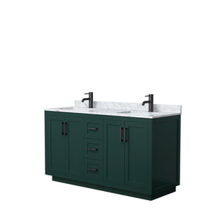 Miranda 60 Inch Double Bathroom Vanity in Green White Carrara Marble Countertop Undermount Square Sinks Matte Black Trim