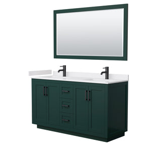 Miranda 60 Inch Double Bathroom Vanity in Green White Cultured Marble Countertop Undermount Square Sinks Matte Black Trim 58 Inch Mirror