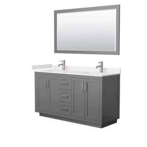Miranda 60 Inch Double Bathroom Vanity in Dark Gray Carrara Cultured Marble Countertop Undermount Square Sinks Brushed Nickel Trim 58 Inch Mirror